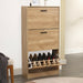 Pine slim shoe storage cabinet with two drawers and bottom shoe compartment