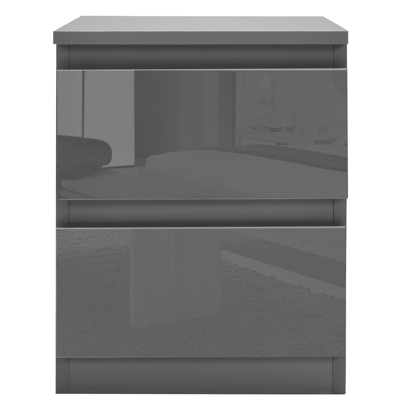 Front view of Blisswood Dark Grey Chest of Drawers - High Gloss Drawers featuring a sleek, handleless 2-drawer design for minimalist interiors.
