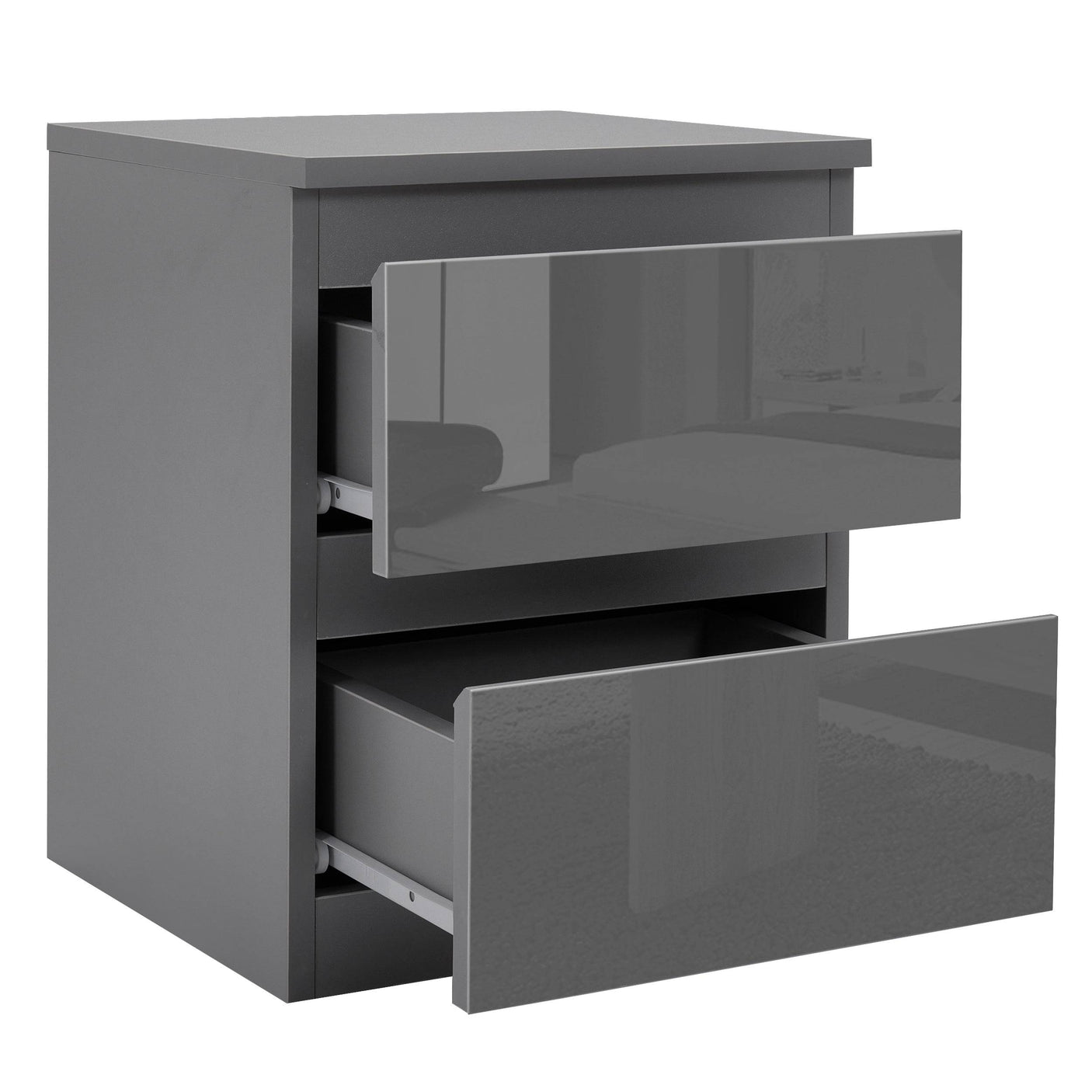 Blisswood Dark Grey Chest of Drawers - High Gloss Drawers with open drawers showing smooth rail mechanism and ample storage space.
