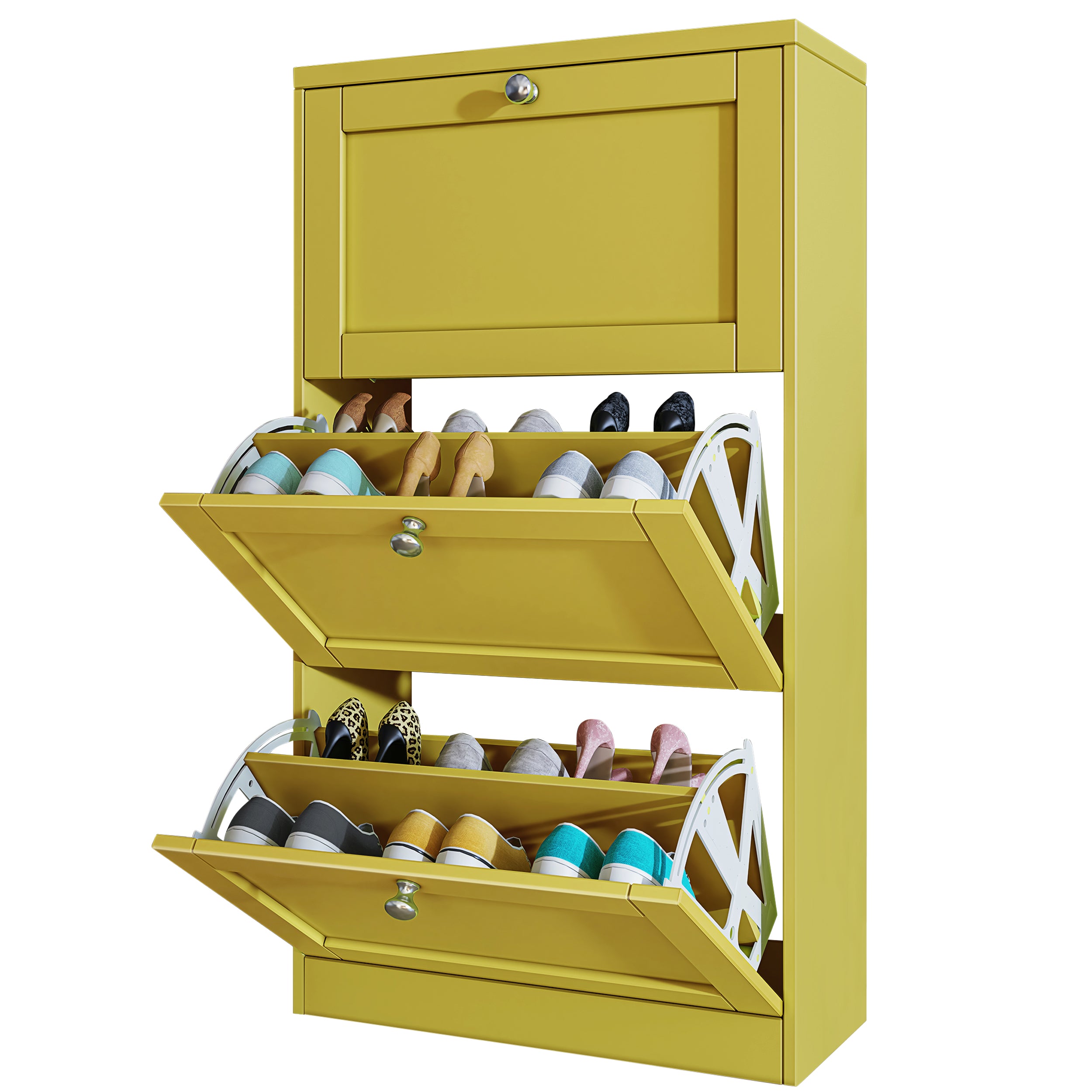 Shaker yellow shoe cabinet with doors, stylish and functional shoe storage