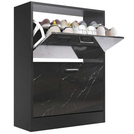 Shoe Cabinet for Small Spaces with Black Marble Effect and Pull-Out Shelves