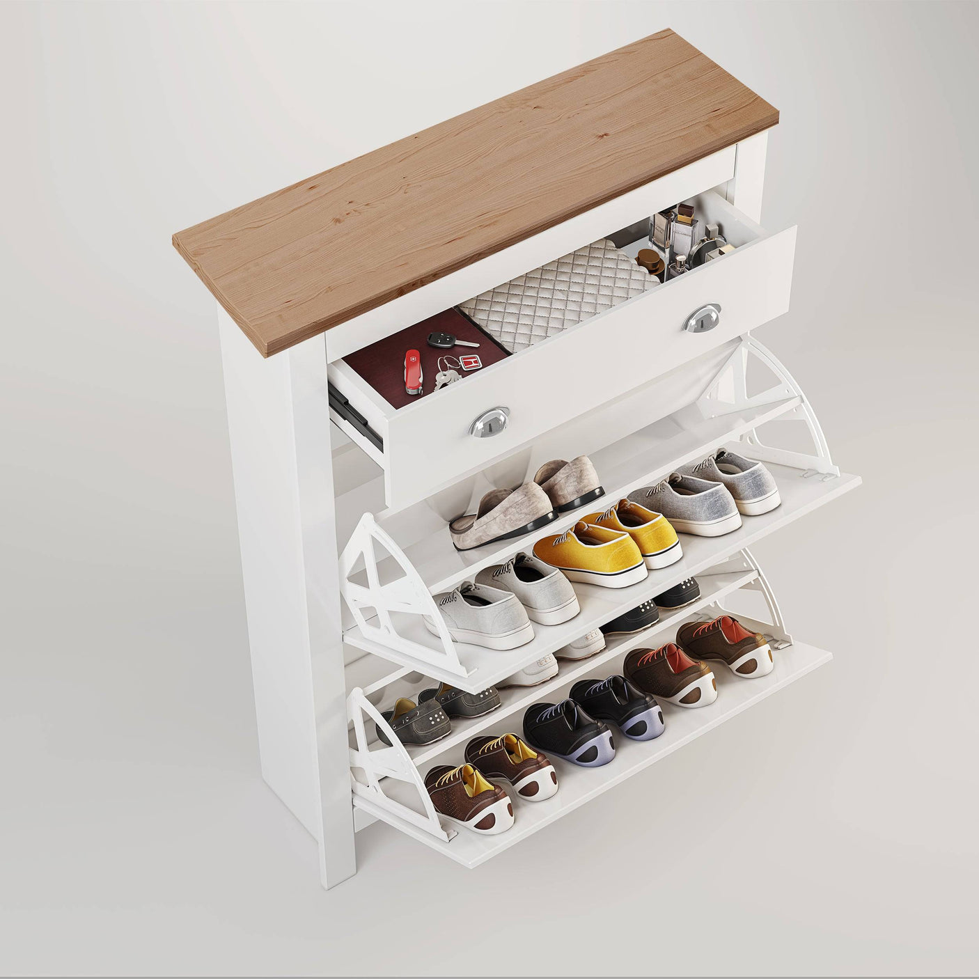Top view of white Blisswood Entryway Shoe Cabinet showing open drawer and 3-tier shoe storage filled with sneakers and accessories.