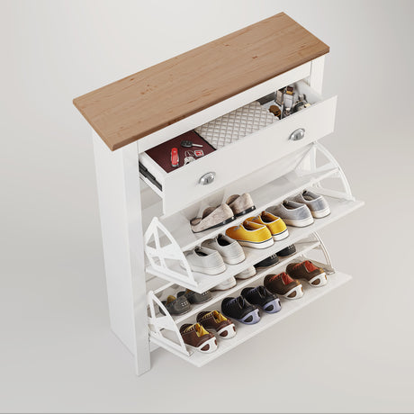 Shoe cabinet entryway with a drawer and multiple flip-up compartments for organized storage.