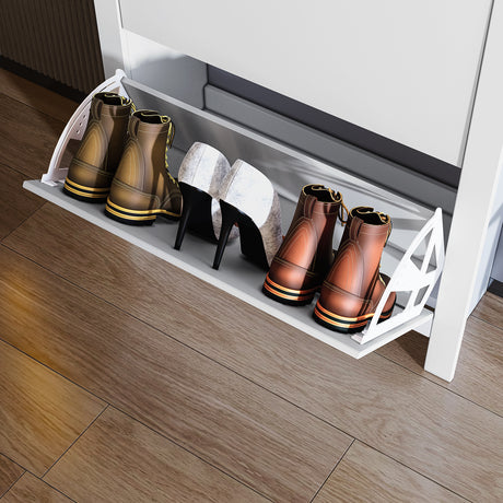 Shoe cabinet shelf displaying boots, high heels, and shoes in a clean, organized layout.