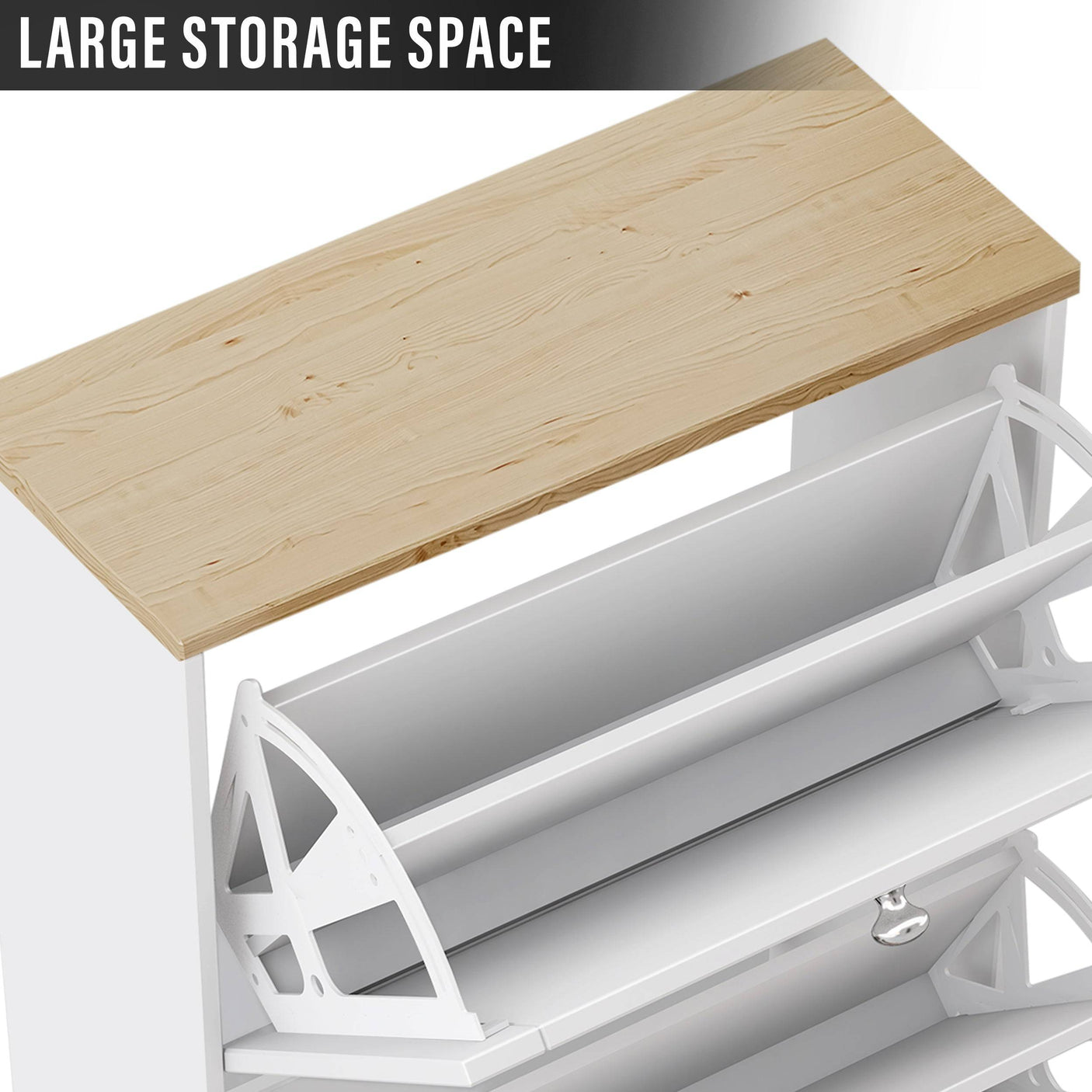 Top compartment of white Blisswood Shoe Cabinet With Doors with wood top showing large storage space.