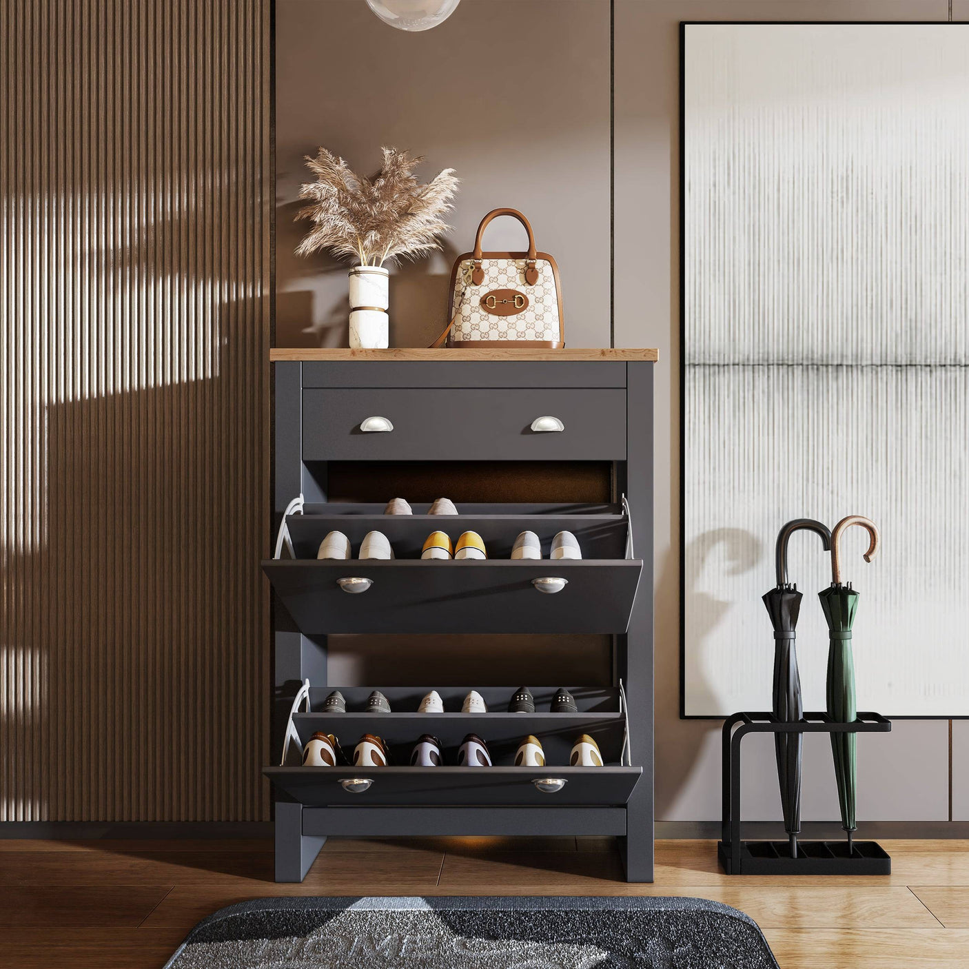 Black Blisswood Shoe Cabinet with all compartments open, displaying organized shoes in a stylish hallway setting.