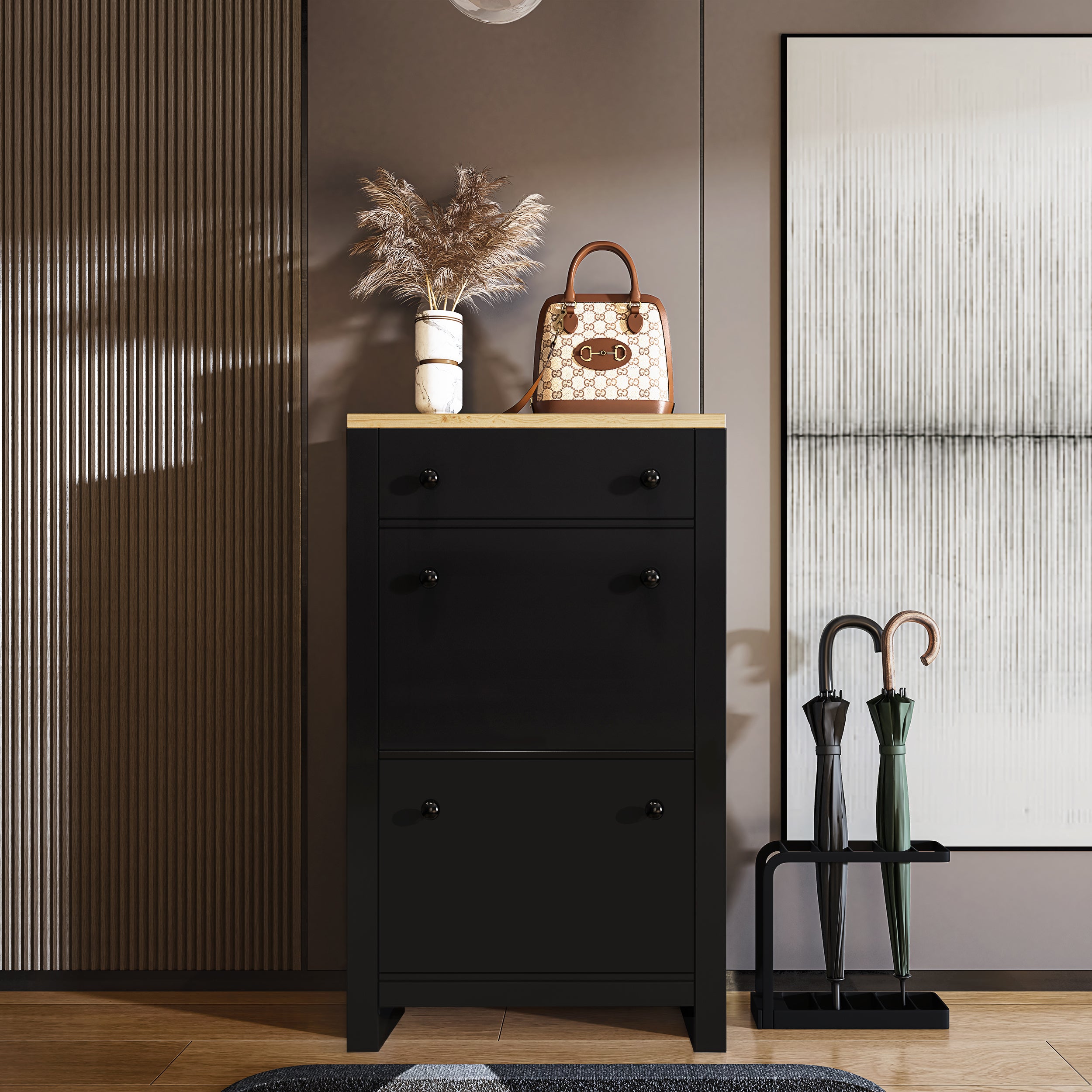 Shoe cabinet with drawer and oak top, featuring flip-up compartments for organized storage.