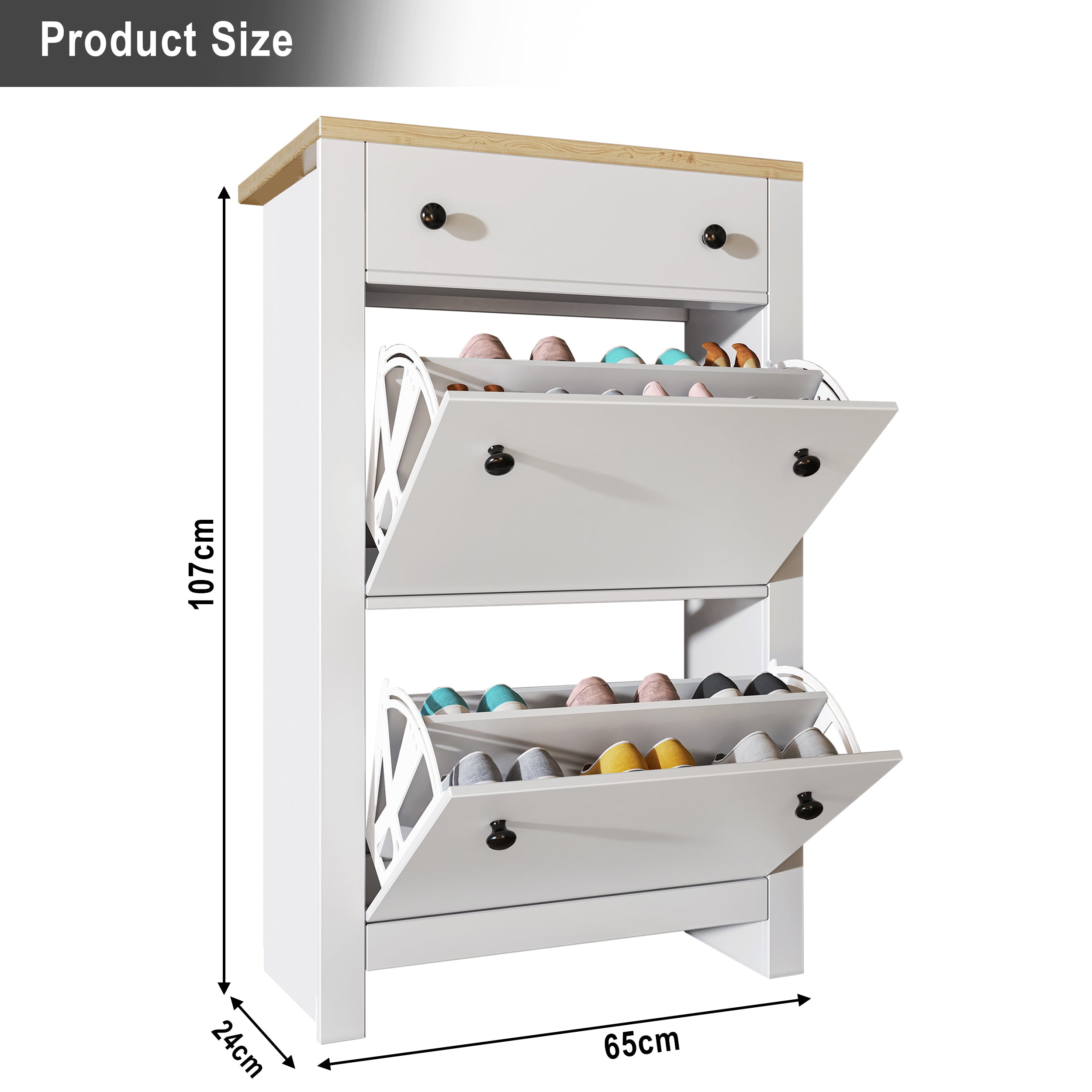 Shoe cabinet with drawers and doors, featuring flip-up compartments for organized shoe storage.