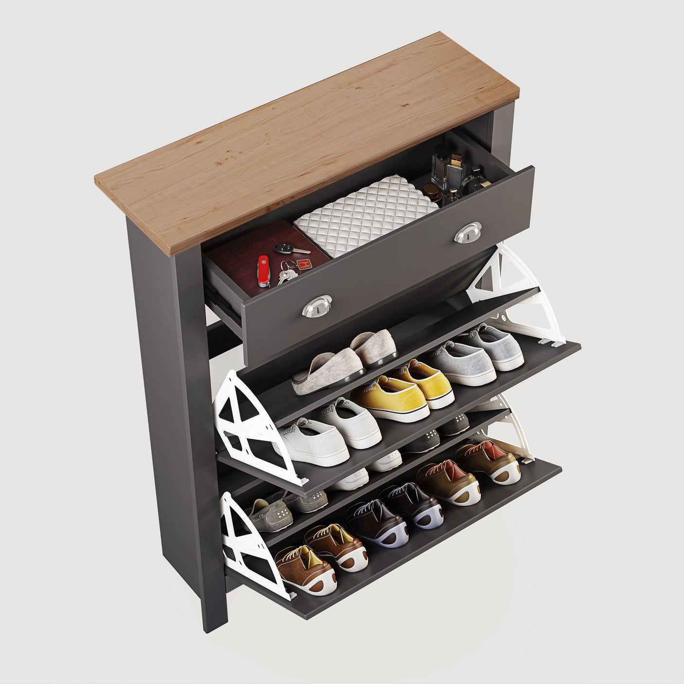 Top view of black Blisswood Shoe Cabinet with drawer and 3-tier shoe storage filled with sneakers and accessories.