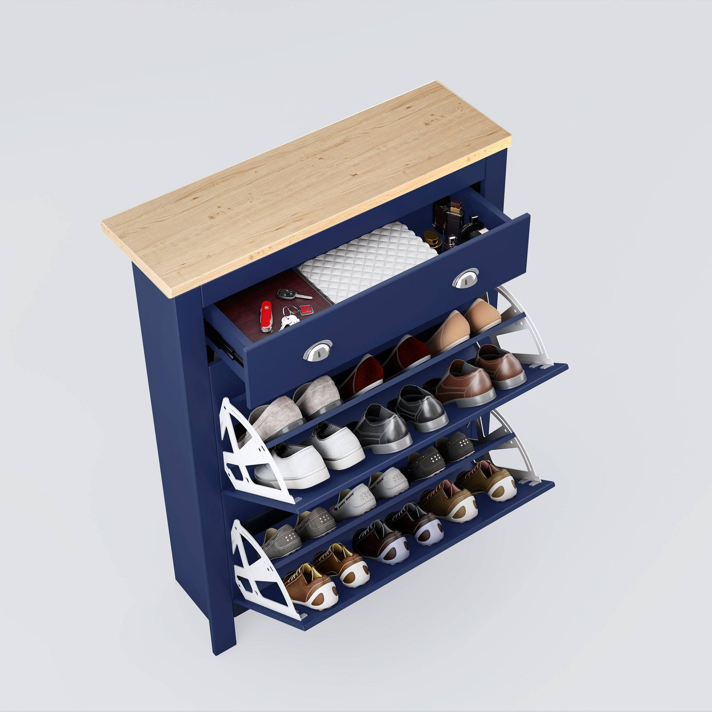 Top view of navy Blisswood Shoe Cabinet with drawer and 3-tier shoe storage filled with sneakers and accessories.