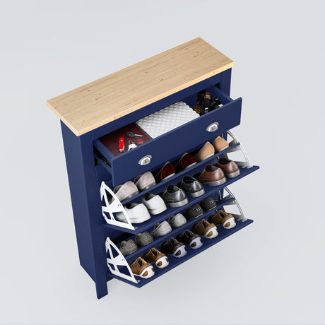 Shoe storage cabinet for entryway with wooden top and multi-tier flip drawers