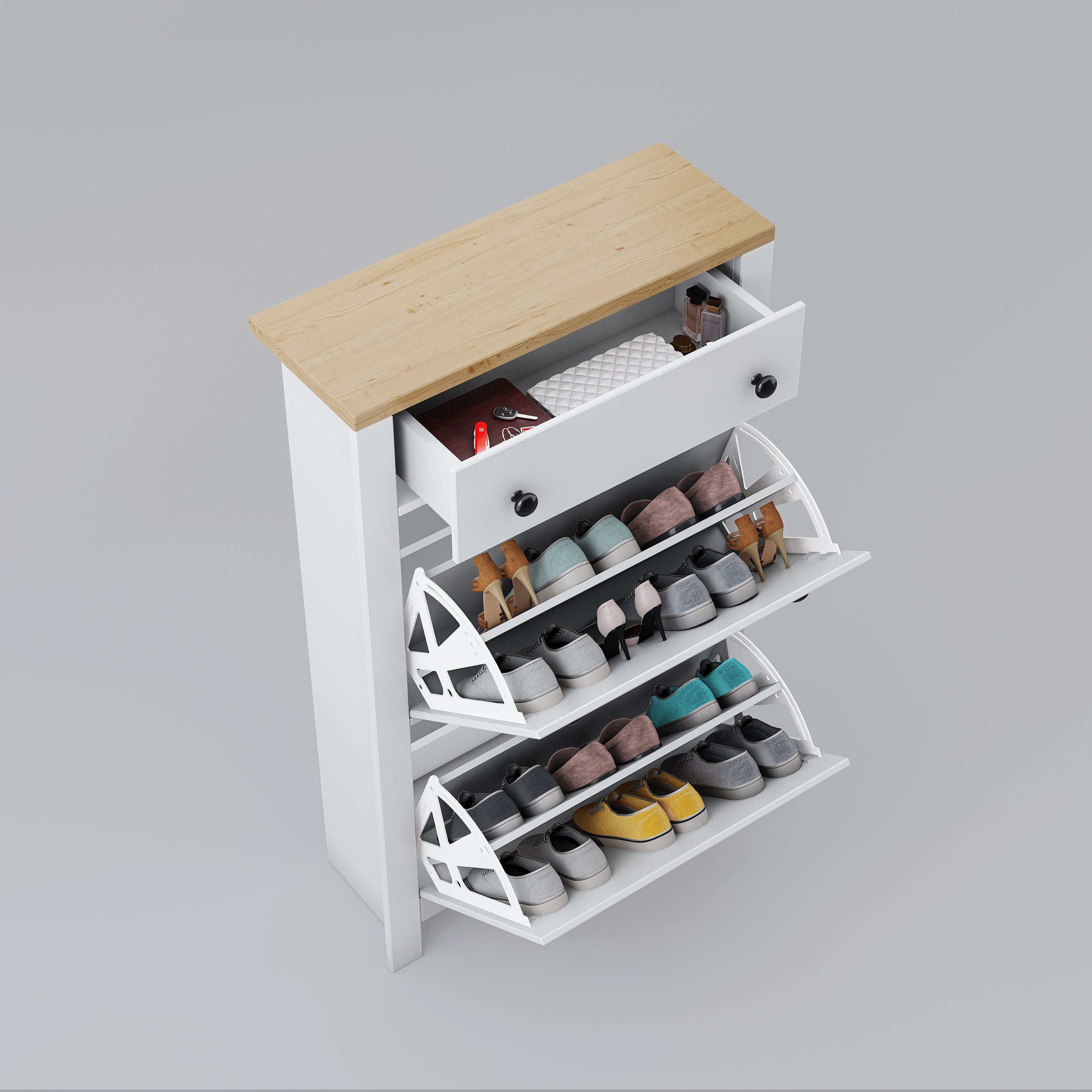 Shoe storage cabinet with drawer and multiple flip-up compartments for organized storage.