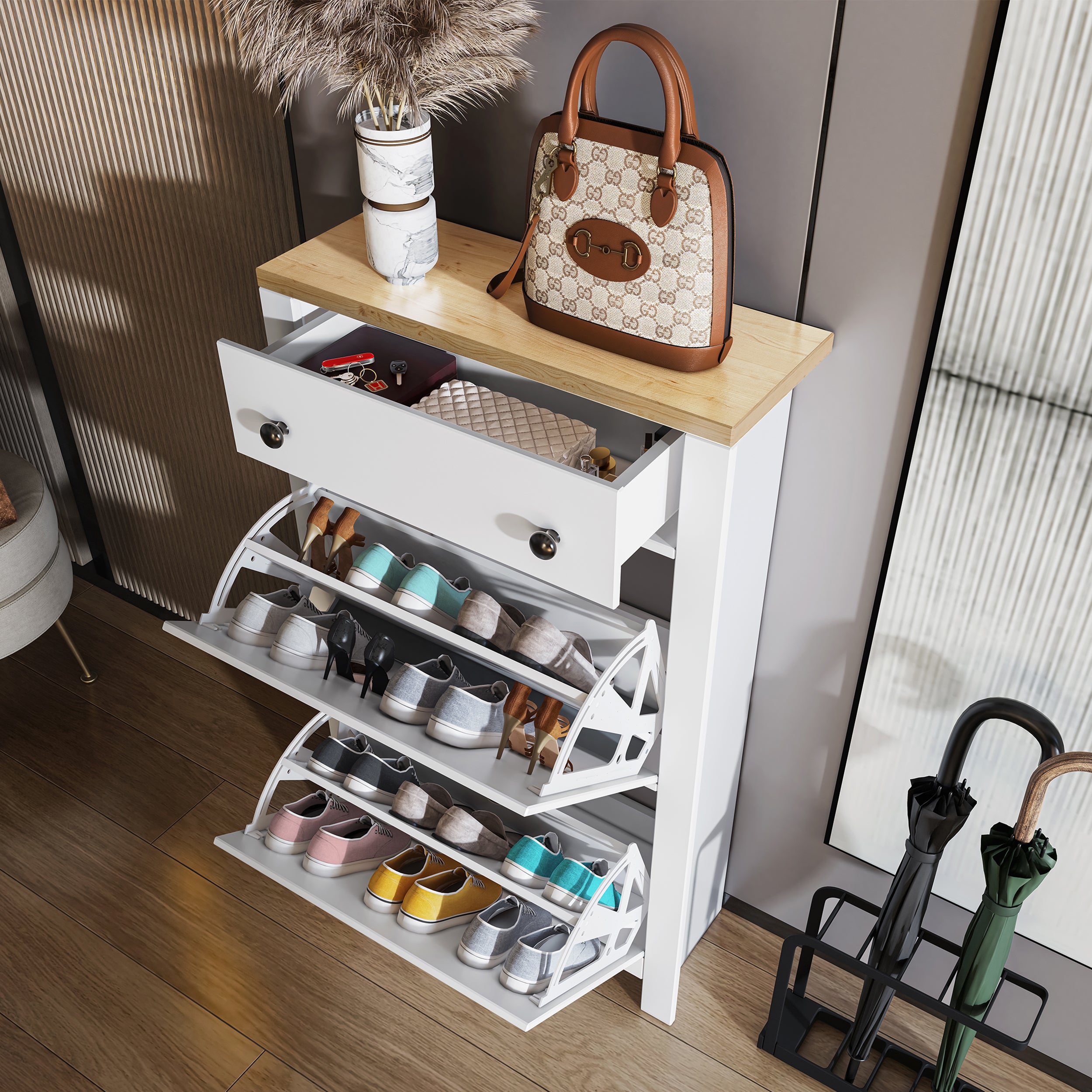 Shoe storage cabinet with top drawer and multiple flip-up compartments for organized shoes.