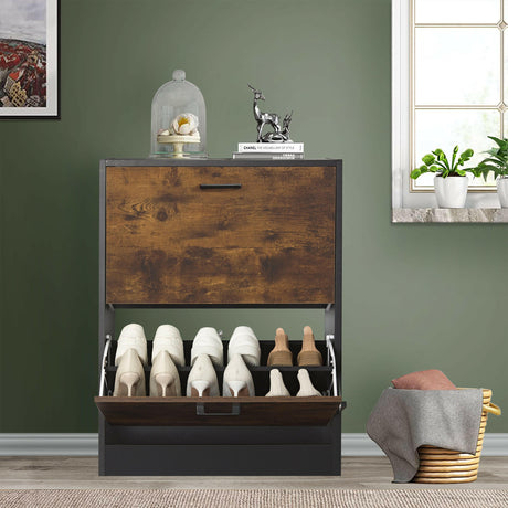 Shoe storage cabinets with wooden and black finish, featuring two compartments for shoes