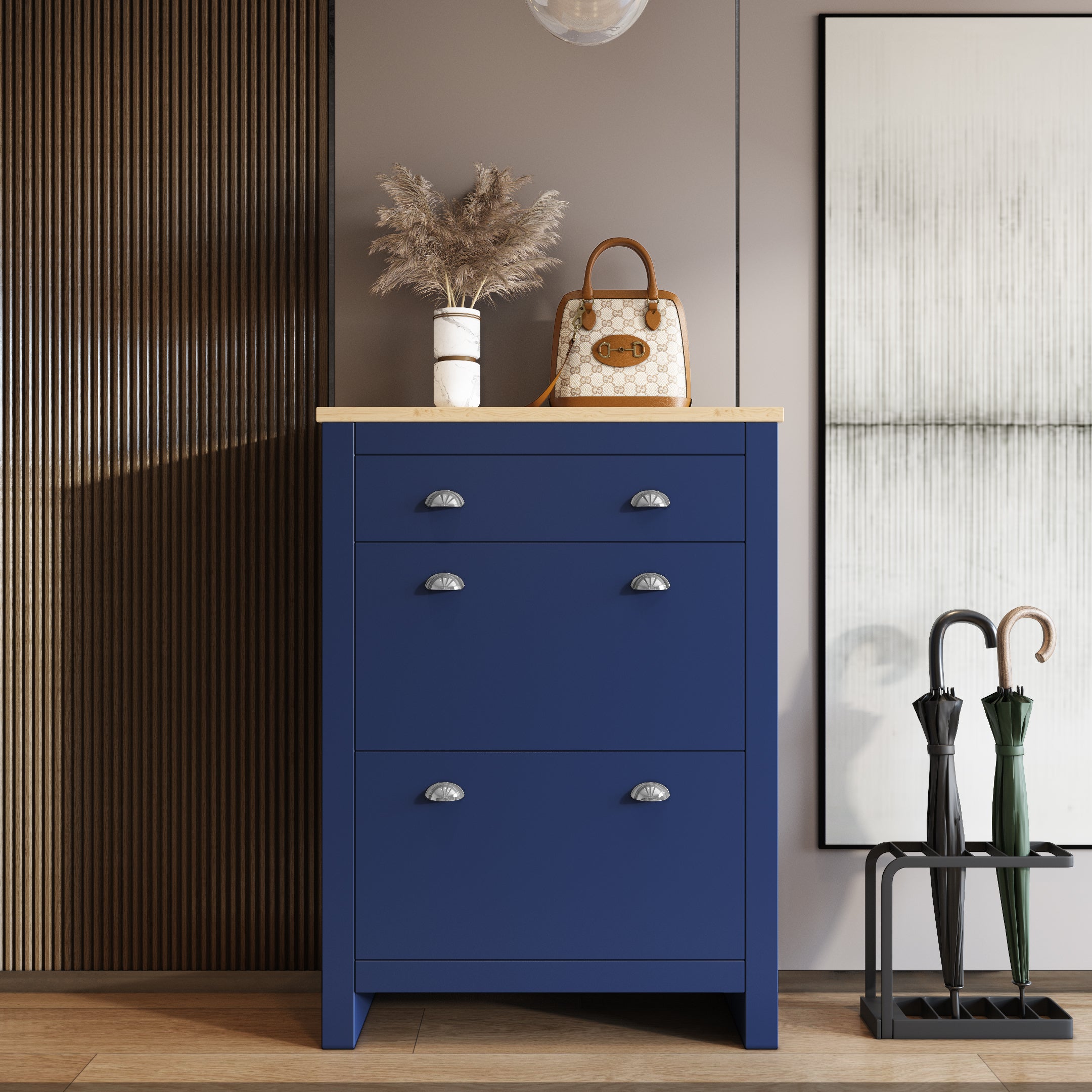 Shoe storage for small entryway with blue cabinet and wooden top