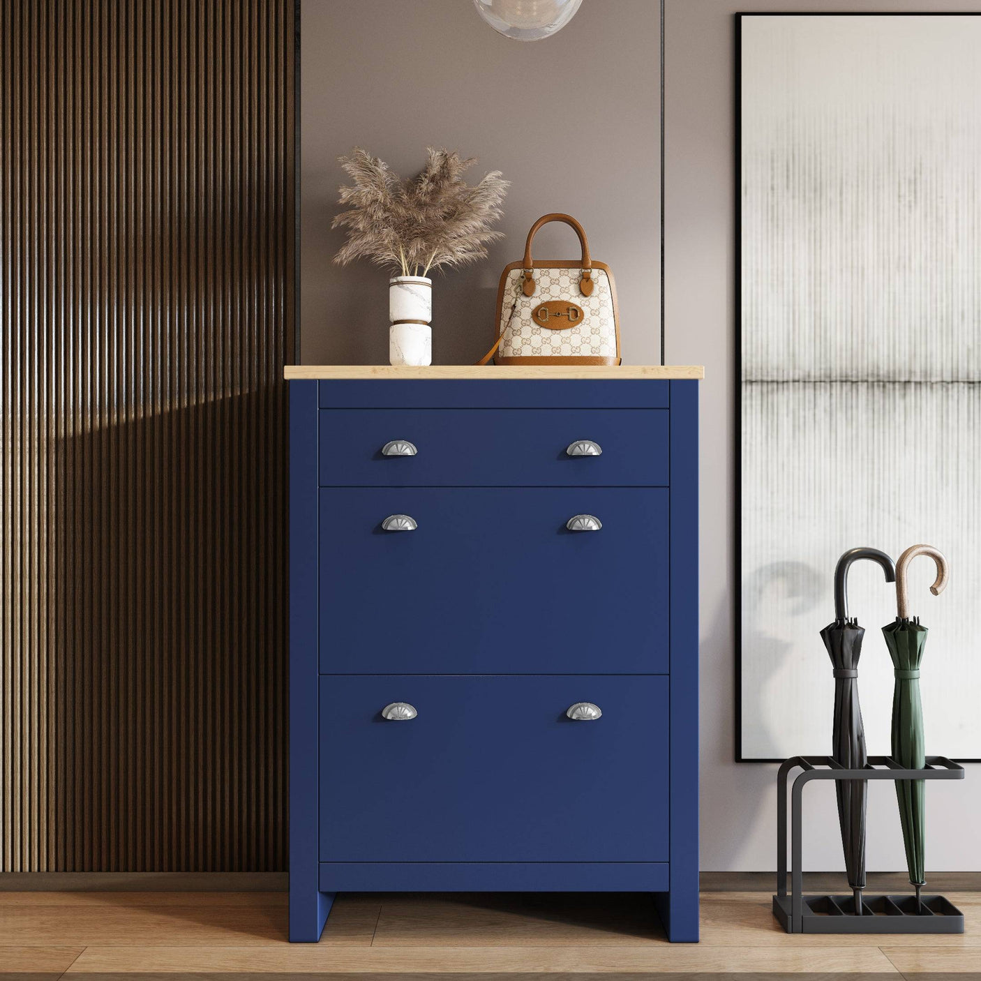 Closed navy Blisswood Shoe Cabinet with wood top, perfect for modern hallway shoe organization.