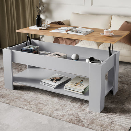 Lift Top Storage Coffee Table in grey with pine finish top, 120cm wide, featuring hidden storage and lower shelf, ideal for modern UK living rooms.