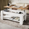 Lift Top Storage Coffee Table in white with pine finish top, 120cm wide, featuring hidden compartment and lower shelf for magazines and accessories.