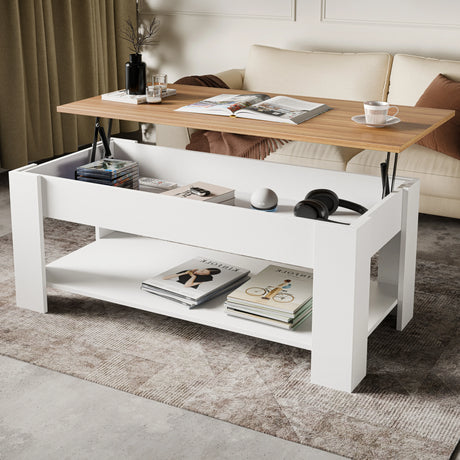 Lift Top Storage Coffee Table in white with pine finish top, 120cm wide, featuring hidden compartment and lower shelf for magazines and accessories.