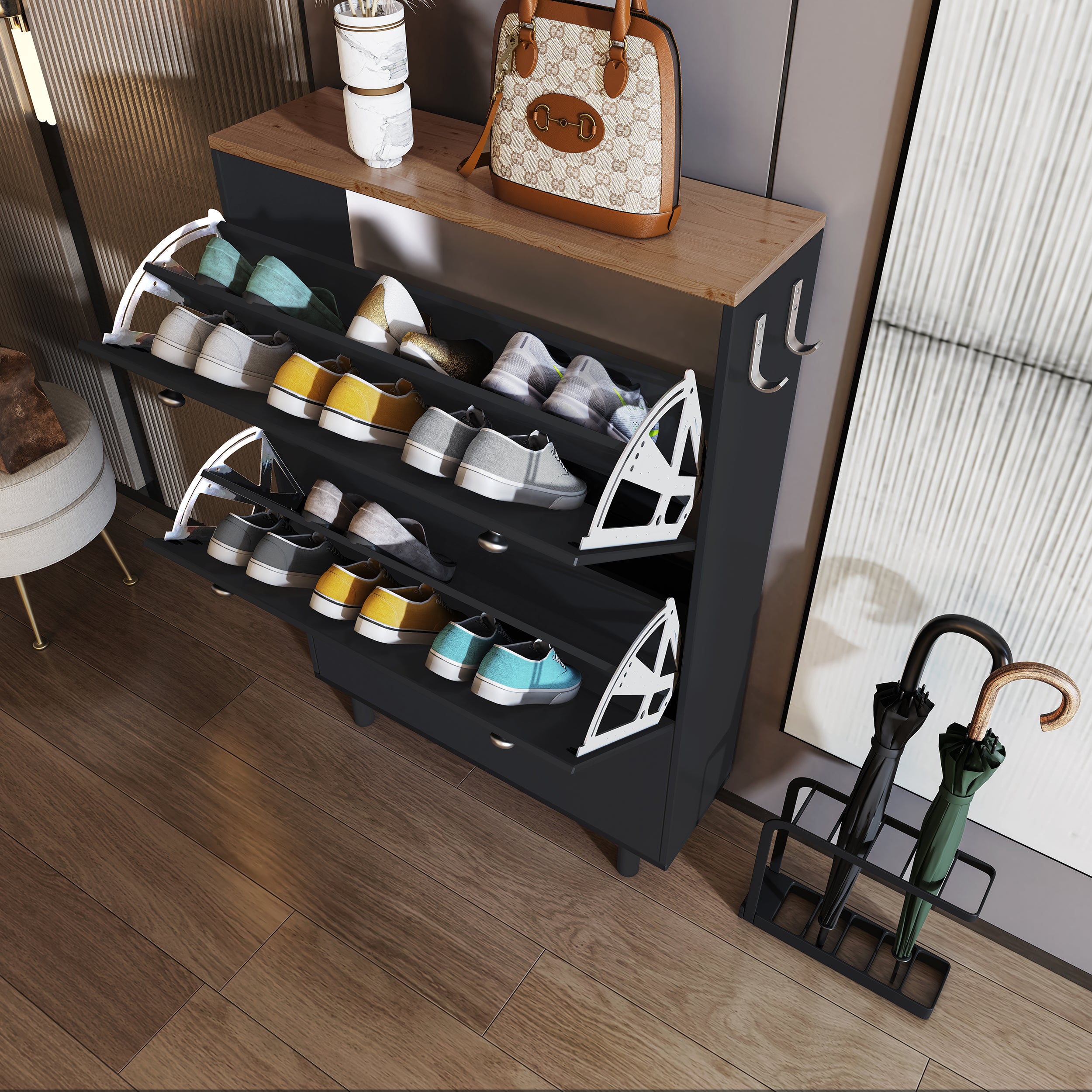 Sleek shoe cabinet for hallway in the UK with multiple compartments for organized storage.