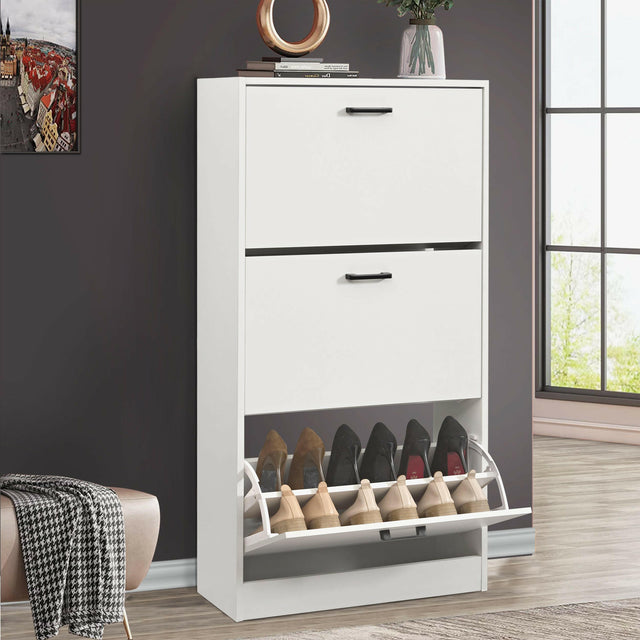 Slim Shoe Cabinet with Two Pull-Out Drawers and Lower Shoe Rack