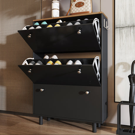 Slim black hallway shoe cabinet with flip-open compartments for easy shoe storage