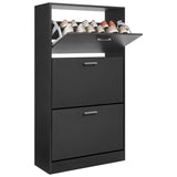 Slim black shoe cabinet with two drawers and a top compartment for organized shoe storage.