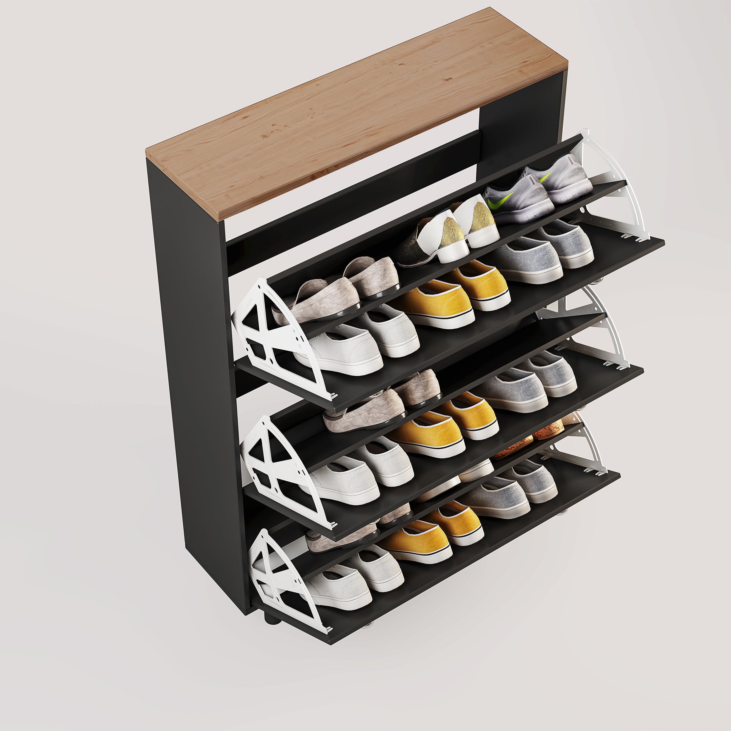 Slim hallway shoe cabinet with multiple shelves for organized shoe storage.