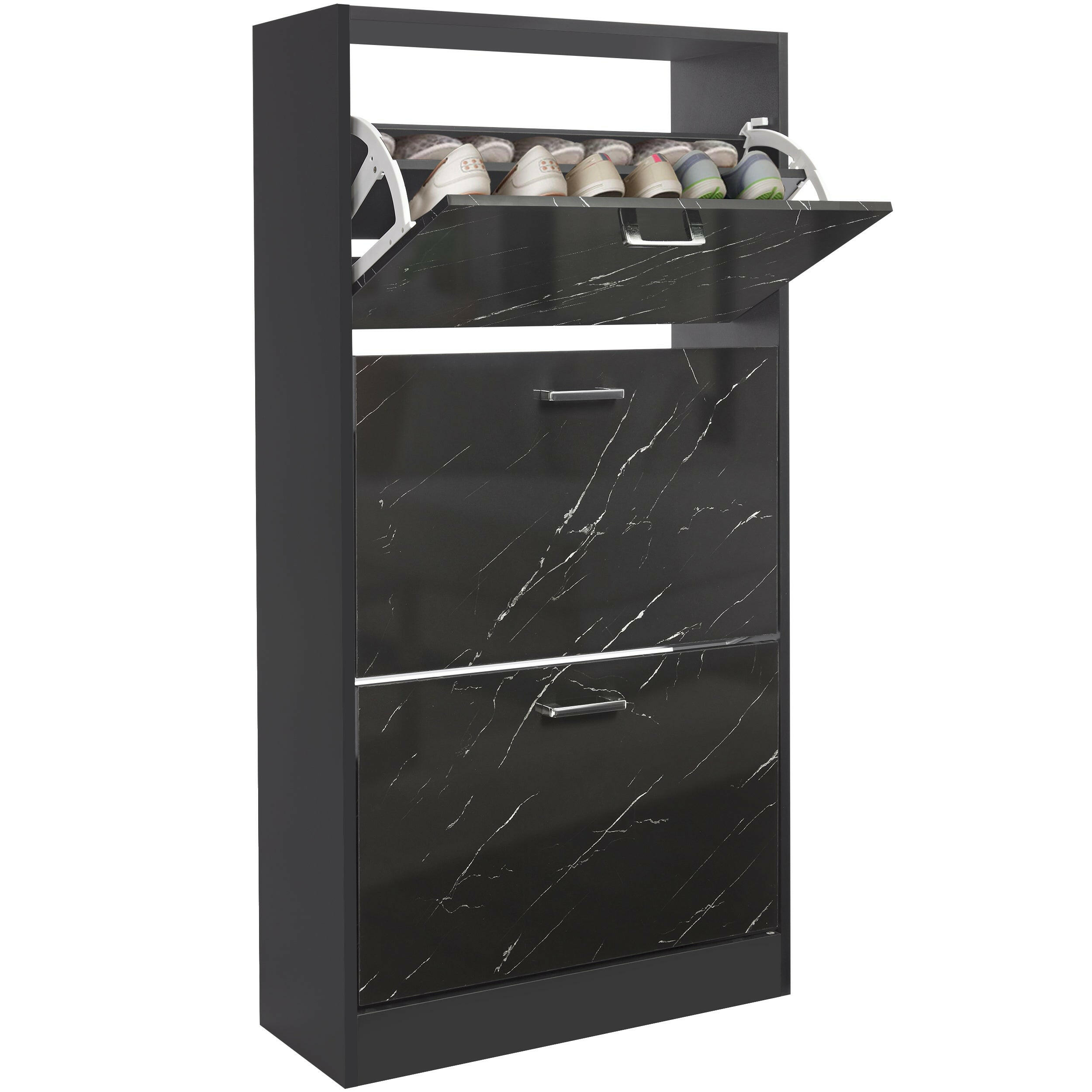 Slim shoe storage black marble cabinet with two drawers and top shoe compartment