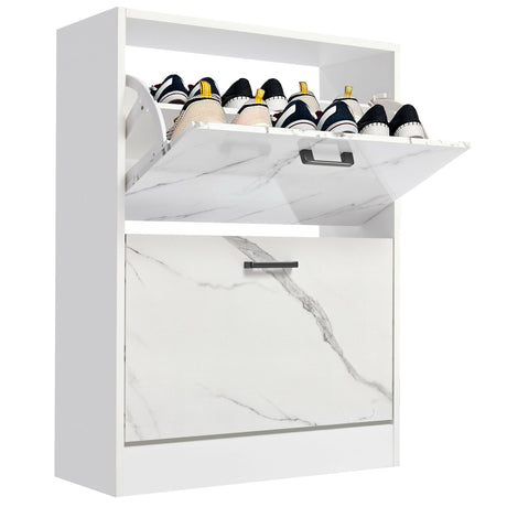 Small White Shoe Storage Cabinet with Marble Effect and Pull-Out Shelves