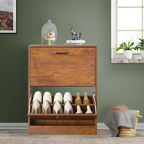 Small shoe rack with wooden finish and two compartments for shoes storage