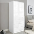 High Gloss 2 Door Wardrobe With Drawers And Hanging Space in white finish, featuring sleek handleless design and compact storage for modern bedrooms.
