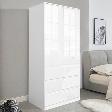 High Gloss 2 Door Wardrobe With Drawers And Hanging Space in white finish, featuring sleek handleless design and compact storage for modern bedrooms.