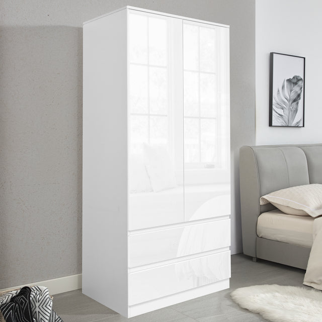 High Gloss 2 Door Wardrobe With Drawers And Hanging Space in white finish, featuring sleek handleless design and compact storage for modern bedrooms.