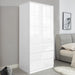 High Gloss 2 Door Wardrobe With Drawers And Hanging Space in white finish, featuring sleek handleless design and compact storage for modern bedrooms.