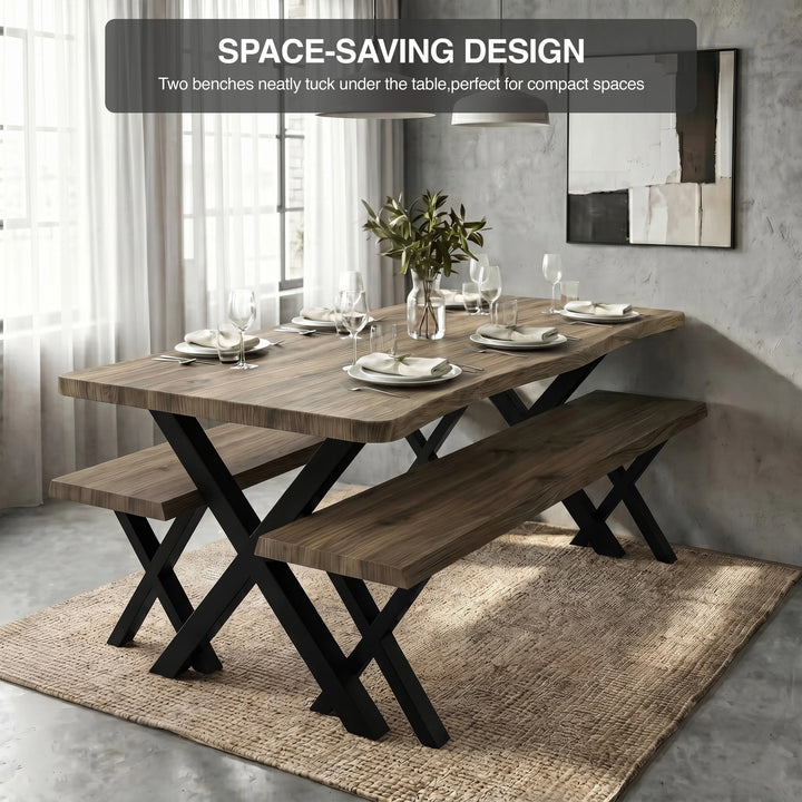 [Oak] Crosswick Industrial 6 Seater Dining Table with Benches infographic showing both benches tucked neatly under the table for compact space-saving storage