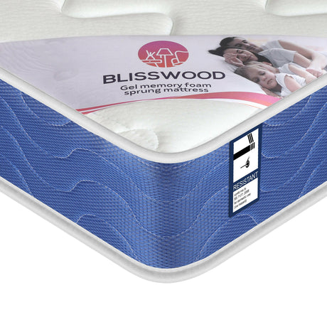 Blisswood gel memory foam sprung mattress with a blue fabric border and resistant label, designed.