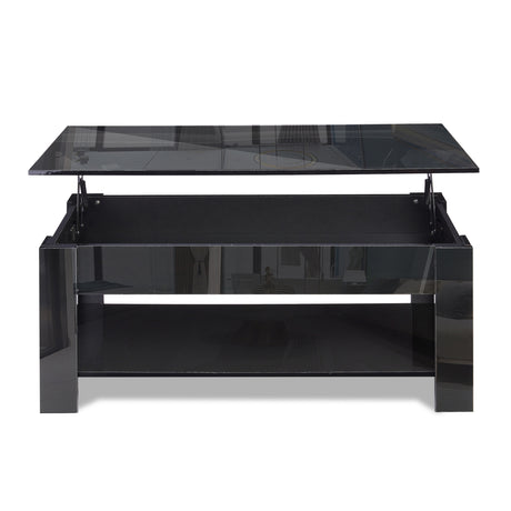 Black storage coffee table with lift-up gloss top and open compartment for storage