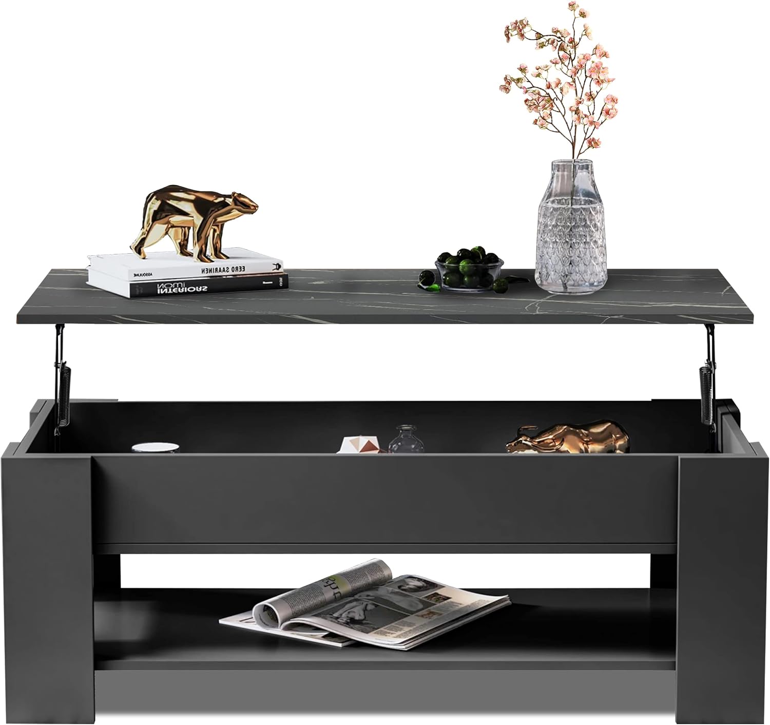 Modern marble storage coffee table with lift-up top and stylish decor,  decorative sculpture