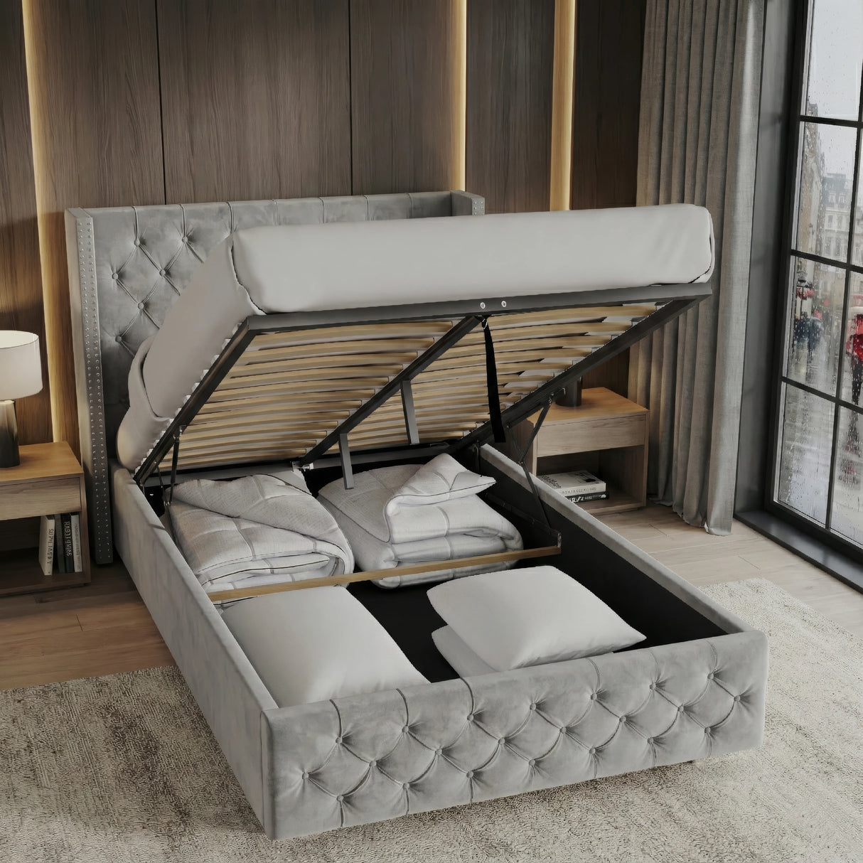 Cross Pattern Velvet Ottoman Storage Bed - Winged Bed Frame