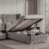 Cross Pattern Velvet Ottoman Storage Bed - Winged Bed Frame