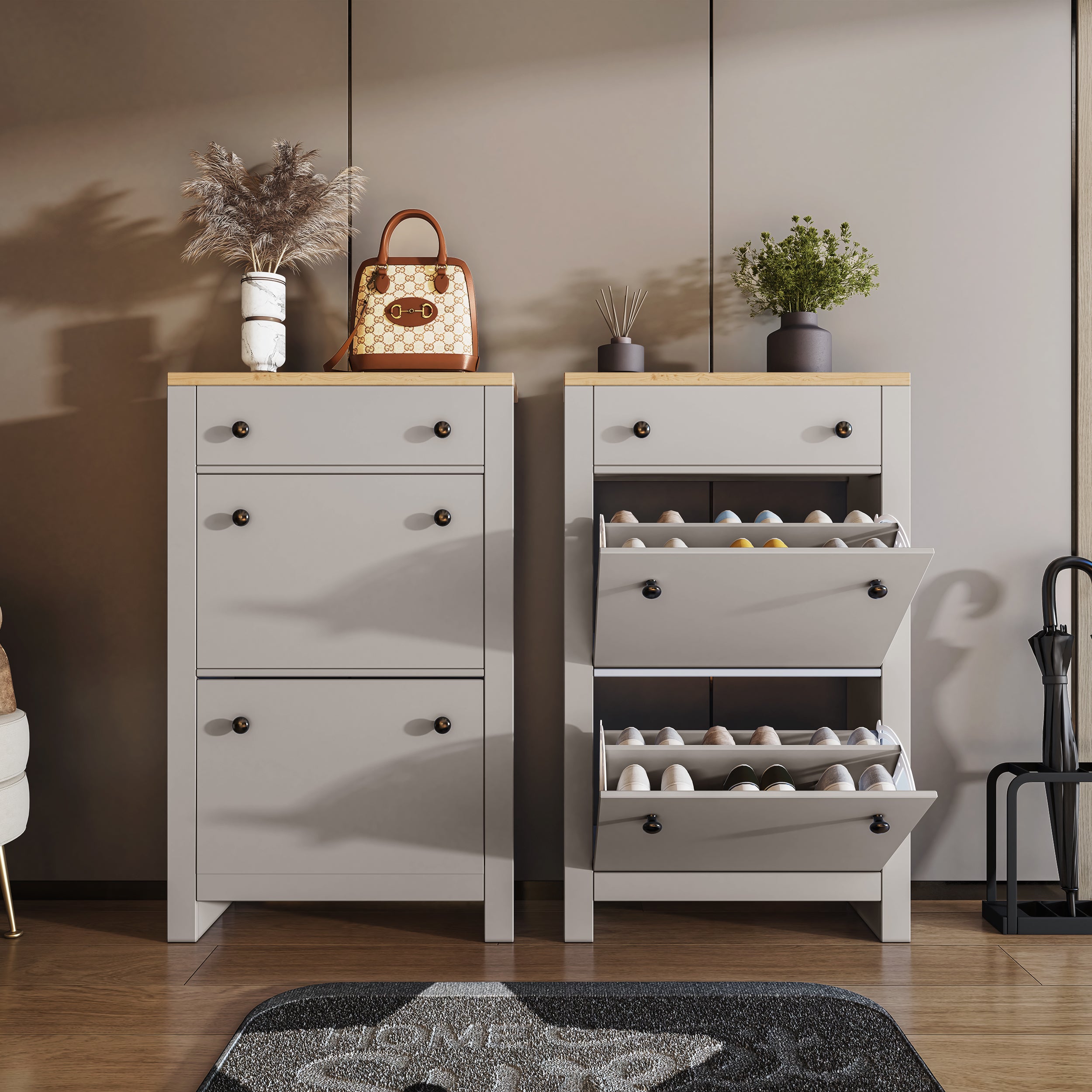 Tall shoe cabinet with drawer and multiple flip-up compartments for organized storage