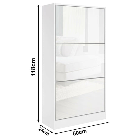 Tall shoe storage cupboard with high gloss white finish and dimensions 118cm x 60cm x 24cm