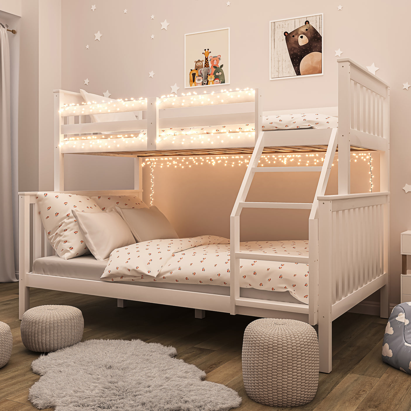 White triple bunk bed for kids with fairy lights, featuring a double bottom and single top bed, ideal for shared children's bedrooms.