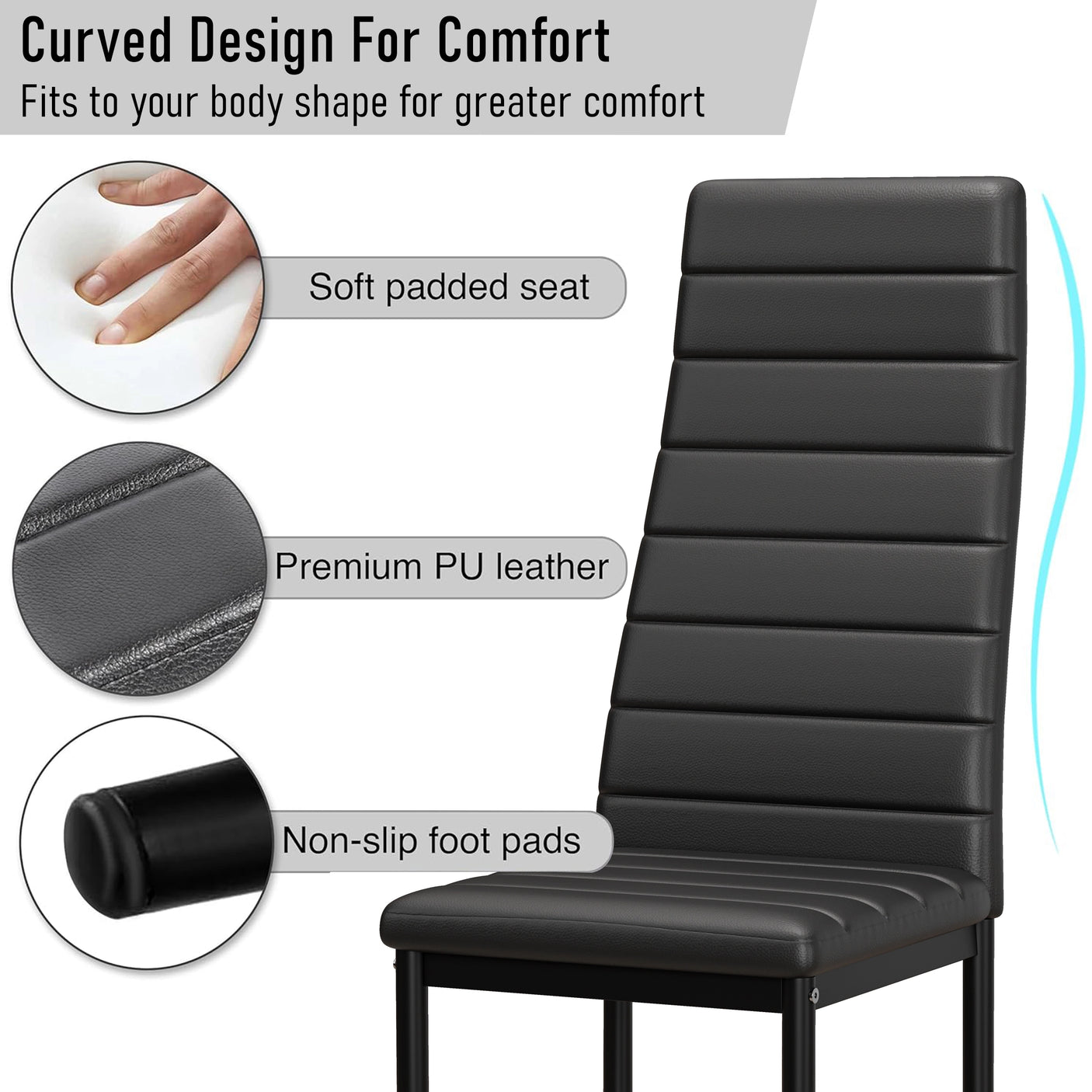 Close-up of black dining chair features: soft padded seat, premium PU leather, and non-slip foot pads for added comfort and stability.
