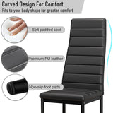Black dining chair features: soft padded seat, premium PU leather, and non-slip foot pads for comfort.