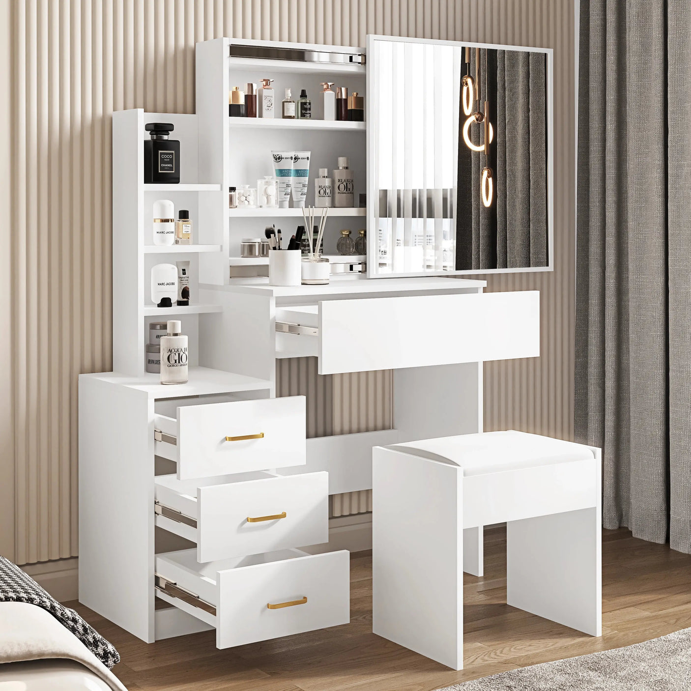 White dressing table with gold handles, mirror, and stool. Features drawers and shelves for organized makeup and skincare storage.