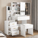 White dressing table with gold handles, mirror, and stool. Features drawers and shelves for organized makeup and skincare storage.