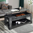 High gloss lift top coffee table with hidden storage shelf in black marble finish, featuring adjustable tabletop and lower shelf for modern living rooms.