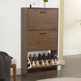 Walnut shoe cabinet with two compartments and open bottom shelf for shoes